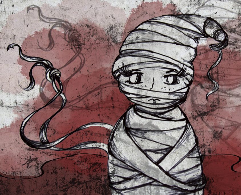 Illustration Charakterentwurf FRIDA ist eingewickelt und gefangen