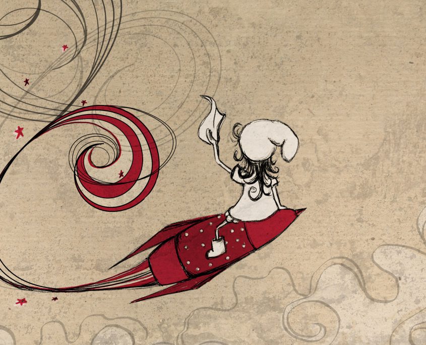Illustration Charakterentwurf FRIDA fliegt auf einer Rakete und winkt mit einem Taschentuch