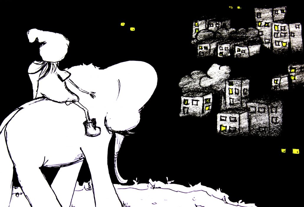 Illustration Charakterentwurf FRIDA a new place Illustration Charakterentwurf FRIDA reitet auf einem Elefanten an einen neuen Ort