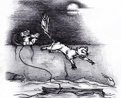 Illustration Kinderbuch Rattinos. Zwei Ratten jagen einen Moder in die Flucht.