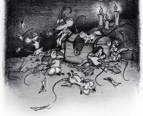Illustration Kinderbuch Rattinos. Die Ratten feiern eine Party mit dem gefundenen Geldschatz