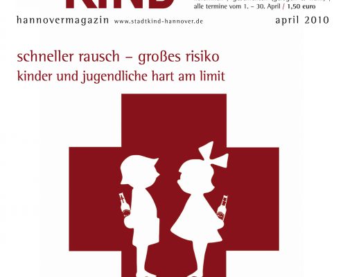 Titelbild Magazin Stadtkind Hannover - schneller rausch - großes Risiko. Rotes Kreuz mit einem Jungen und Mädchen, die Alkohol hinter ihrem Rücken verstecken.