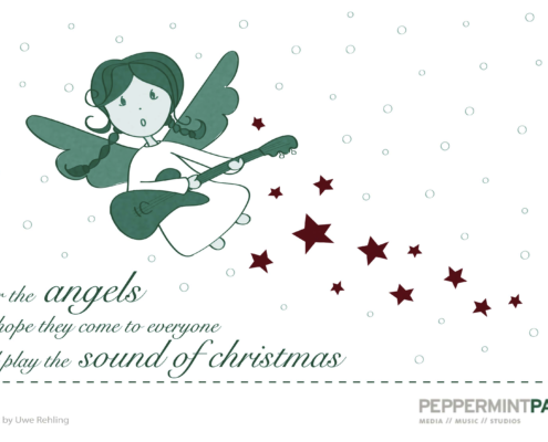 Illustration Weihnachtskarte fliegender Engel mit Gitarre